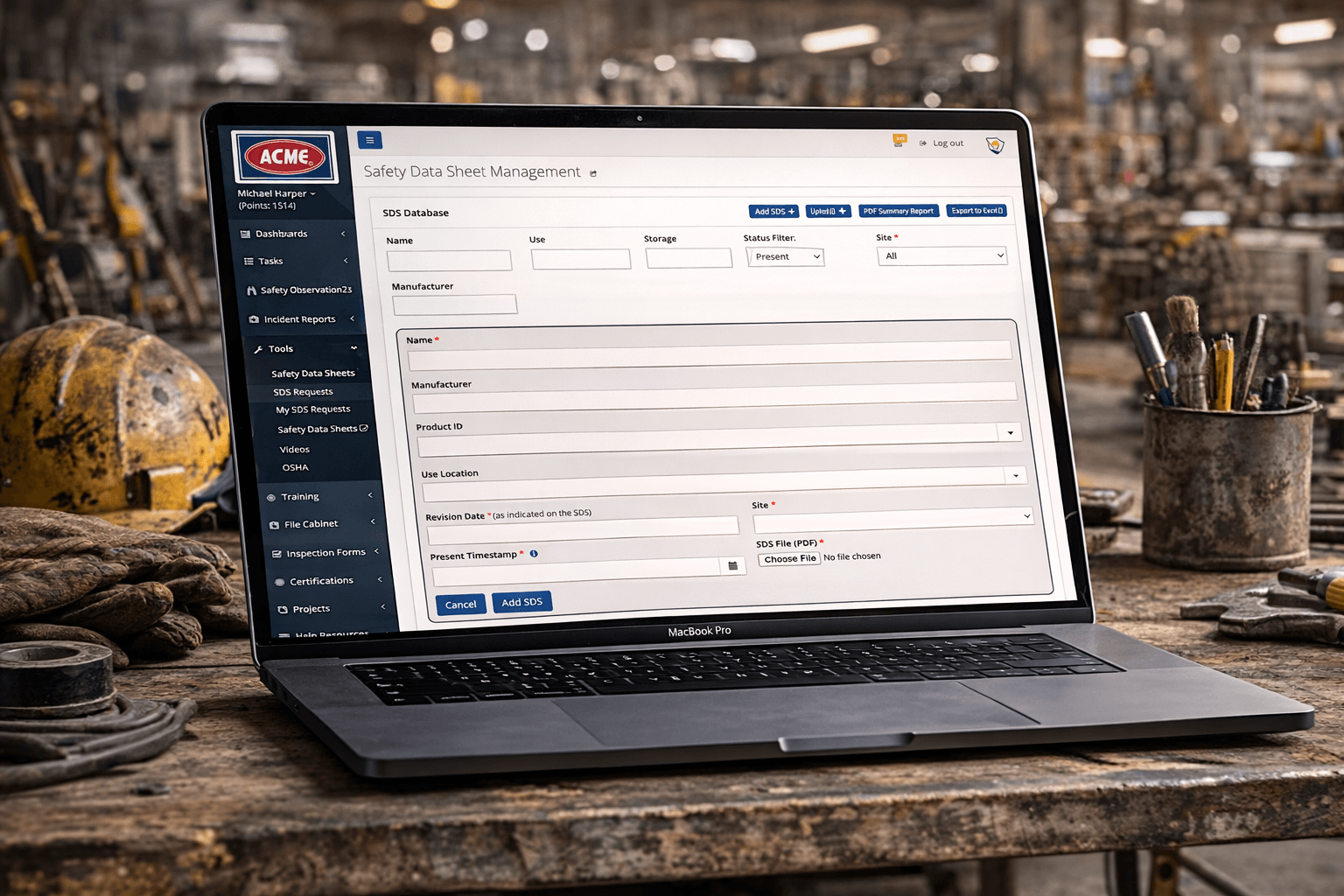 Safety Data Sheet management dashboard in Simple Safety Coach